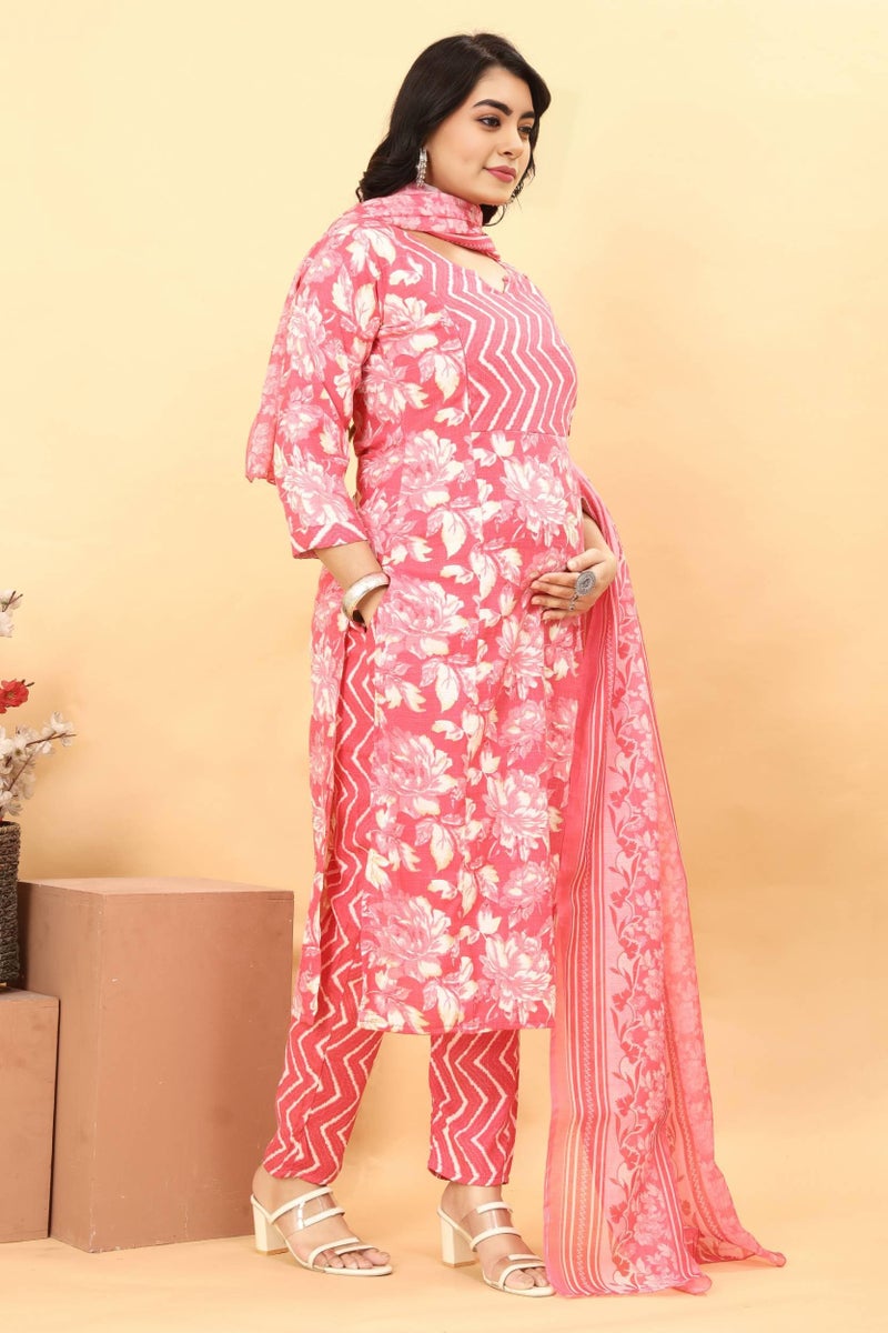 ASSUME FAB Women Maternity Kurta Set with Dupatta for Women | Nursing/Feeding Zip | Soft Rayon Ethnic Wear for Pregnancy & Postpartum(Large Pink - Image 3