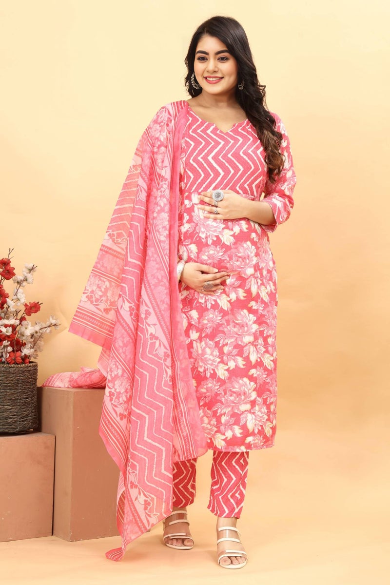 ASSUME FAB Women Maternity Kurta Set with Dupatta for Women | Nursing/Feeding Zip | Soft Rayon Ethnic Wear for Pregnancy & Postpartum(Large Pink - Image 4