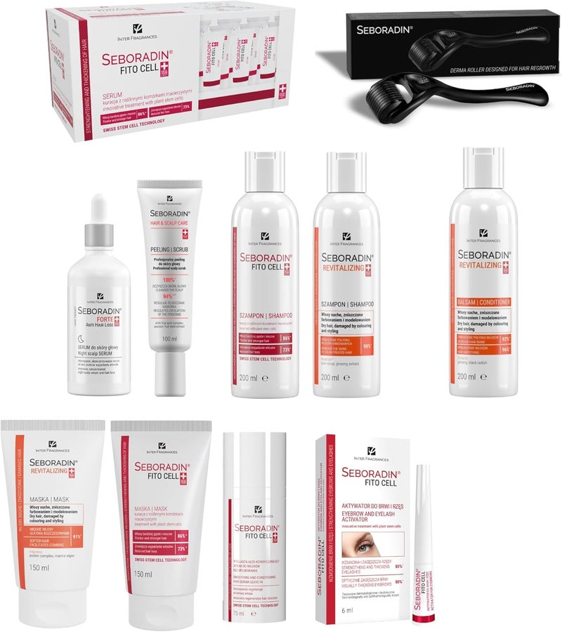 SEBORADIN Maria White Set Dermaroller Professional Peeling Fito Cell Serum 15x6g Shampoo 200 ml Mask Eyebrow and Eyelash Activator 6 ml Revitalizing Mask Shampoo Conditioner
