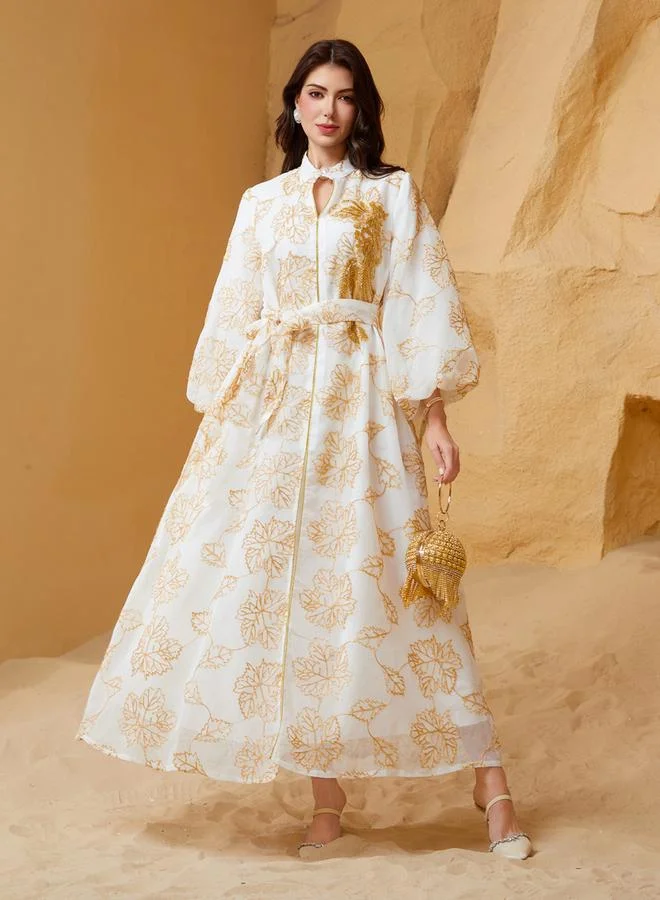 Take Two Take Two Embroidered Belted Detail Balloon Sleeves Jalabiya