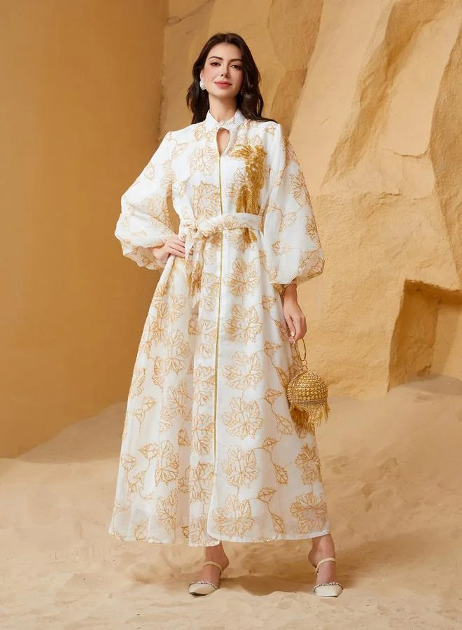 Take Two white Take Two Embroidered Belted Detail Balloon Sleeves Jalabiya for Women | Best Price UAE
