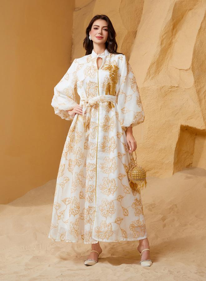تايك تو جلابية مزينة بتطريز وحزام وأكمام منفوخة - Image 4
