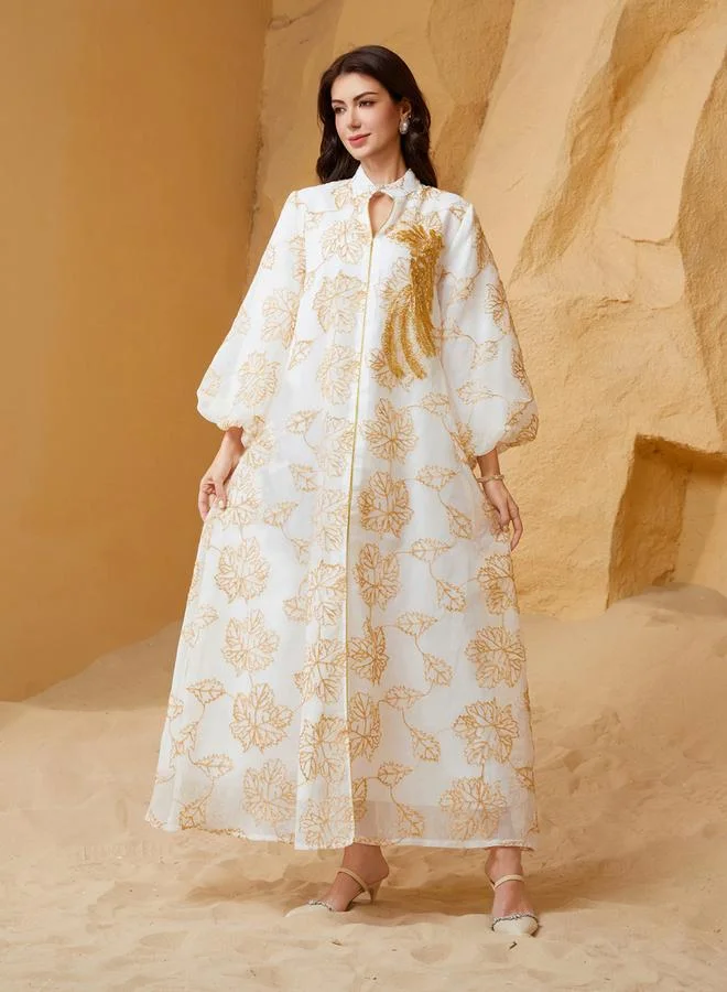 Take Two white Take Two Embroidered Belted Detail Balloon Sleeves Jalabiya for Women | Best Price UAE