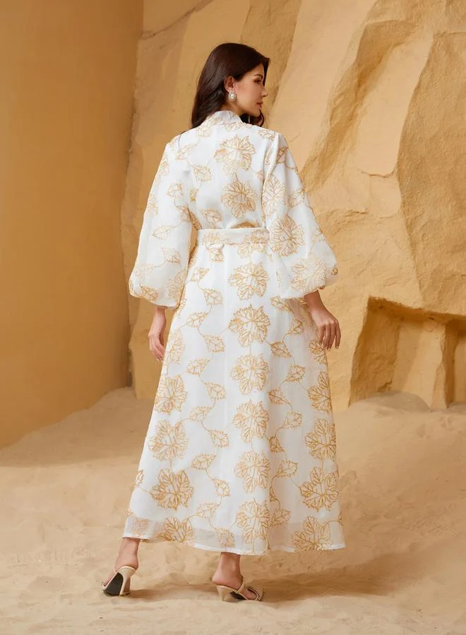 Take Two white Take Two Embroidered Belted Detail Balloon Sleeves Jalabiya for Women | Best Price UAE