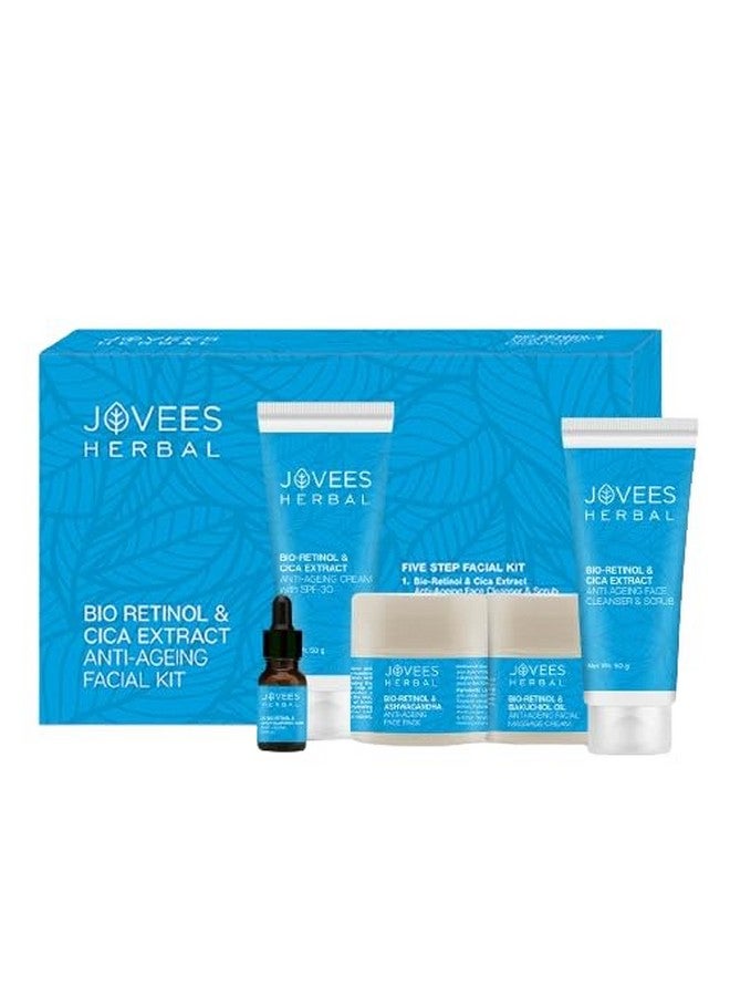 Herbal Bio Retinol & Cica Extract Anti Ageing Facial Kit With Bakuchiol Oil | For Signs Of Ageing Wrinkles, Fine Lines & Dark Spots | 5 Step Facial Kit For All Skin Types 215G