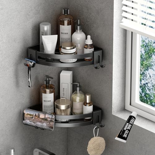 VOLPONE Corner Shower Caddy with Razor Holder Adhesive Shower Shelf Corner No Drilling (adhesive mounting, no suction cup) Bathroom Shower Organizer Storage Rack (2-Pack, Black) - Image 1
