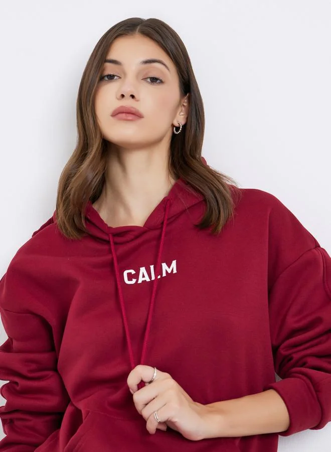 Take Two Take Two Maroon Slogan Print Relaxed Fit Hoodie