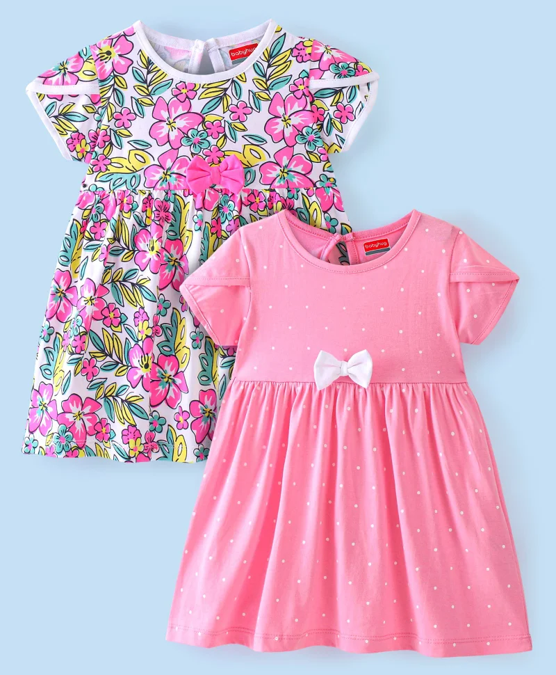 babyhug Babyhug Knit Half Sleeves Frocks with Floral Print & Bow Applique Pack of 2 - Pink