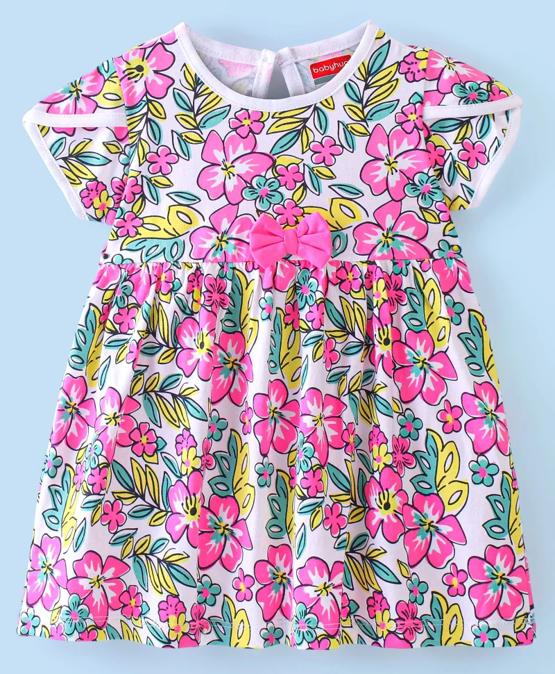 babyhug Babyhug Knit Half Sleeves Frocks with Floral Print & Bow Applique Pack of 2 - Pink