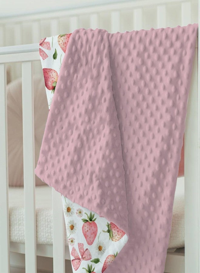 Tewrnvioc Pink Baby Blankets for Girls 30" x 40", Soft Double Layer Minky Blanket with Dotted Fleece Back, Nursery Bed Receiving Quilt for Newborn Infant Toddler Shower Gift Strawberry Bow Daisy Theme - Image 5