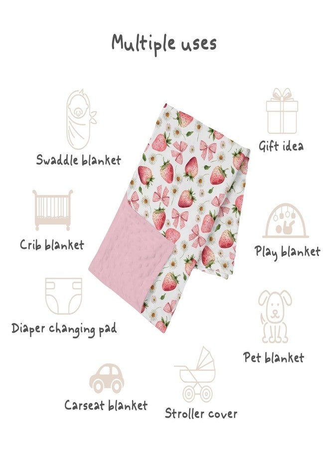 Tewrnvioc Pink Baby Blankets for Girls 30" x 40", Soft Double Layer Minky Blanket with Dotted Fleece Back, Nursery Bed Receiving Quilt for Newborn Infant Toddler Shower Gift Strawberry Bow Daisy Theme - Image 2