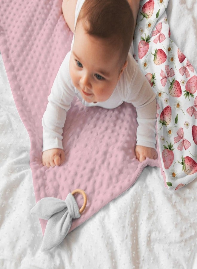 Tewrnvioc Pink Baby Blankets for Girls 30" x 40", Soft Double Layer Minky Blanket with Dotted Fleece Back, Nursery Bed Receiving Quilt for Newborn Infant Toddler Shower Gift Strawberry Bow Daisy Theme - Image 4