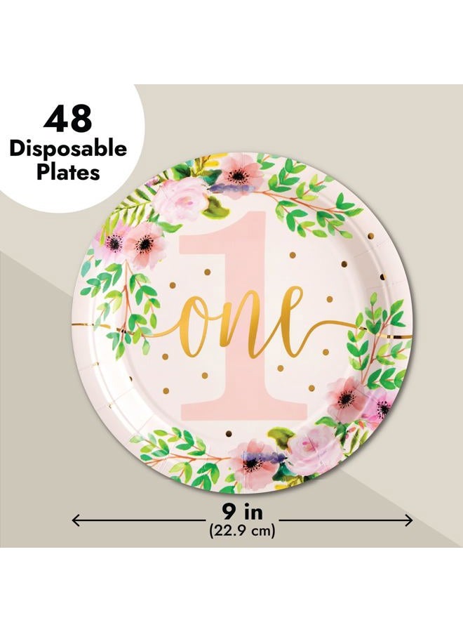 Blue Panda Baby Girls 1st Birthday Party Supplies, Floral Paper Plates (9 in., 48 Pack) - Image 4