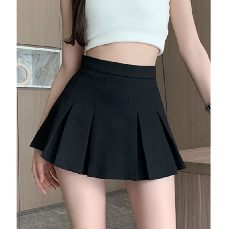 White pleated skirt womens spring and summer 2024 new hot girl miniskirt small high waist suit skirt pants black - Image 1