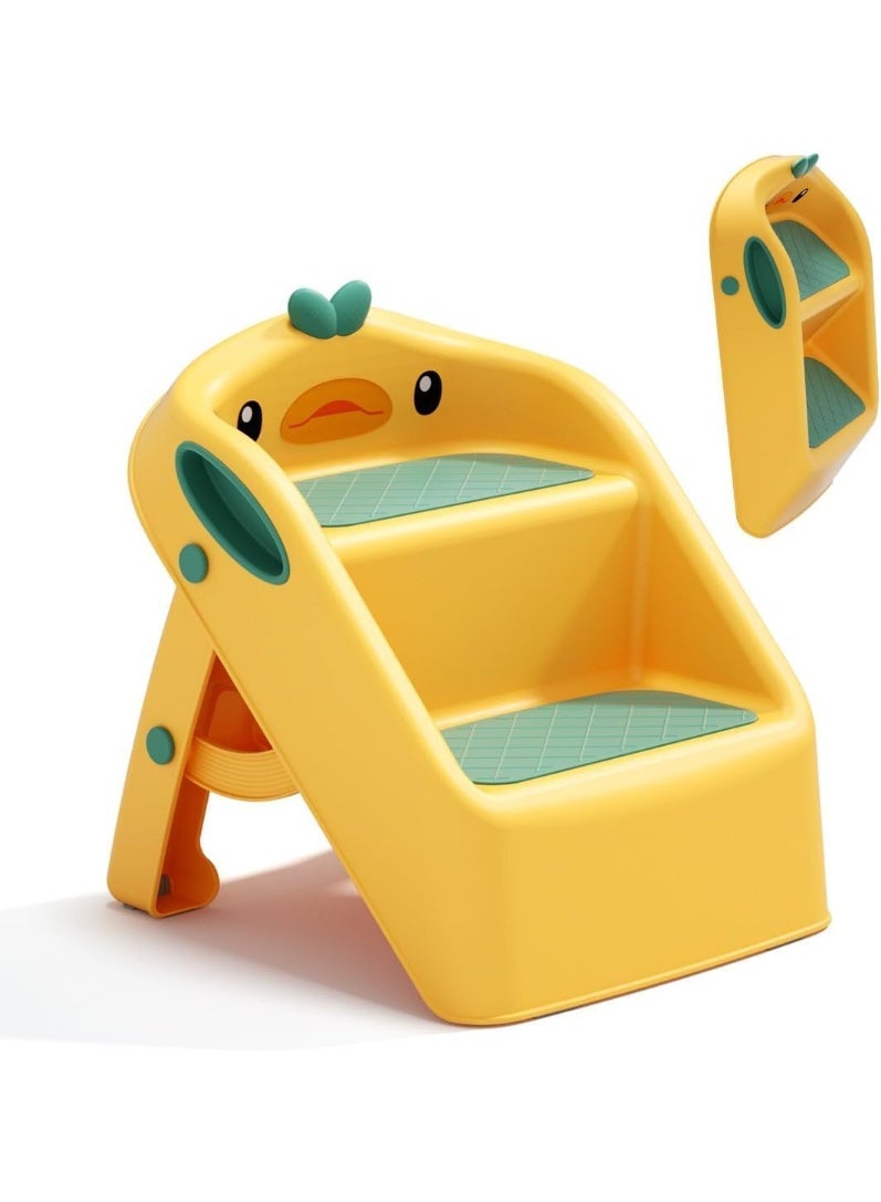 تراسل كرسي متدرج للأطفال الصغار لحوض استحمام الأطفال رمادي وأبيض | كرسي متدرج قابل للطي للأطفال من عمر 1-4 سنوات | مساعد مطبخ للأطفال بارتفاع مناسب مع مقابض - سهل الحركة، مقاوم للانزلاق - Image 1