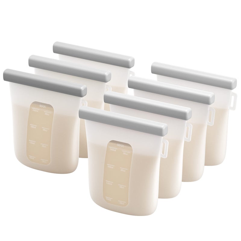 Nuliie 7 Pcs Silicone Breastmilk Storage Bags Reusable, 8oz/240ml Double Leak-Proof Breastmilk Freezer Bags, BPA Free Self-Standing Milk Bags for Breastfeeding, Baby Food Pouches - Image 1