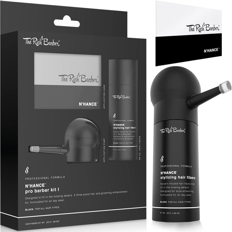 The Rich Barber The Rich Barber N'Hance Pro Barber Kit I - Professional 3-in-1 Hair & Beard Styling Set - Keratin-Infused Hair Building Fibers, Applicator Pump, Application Card - Hairline Enhancer & Volumizing Spray 