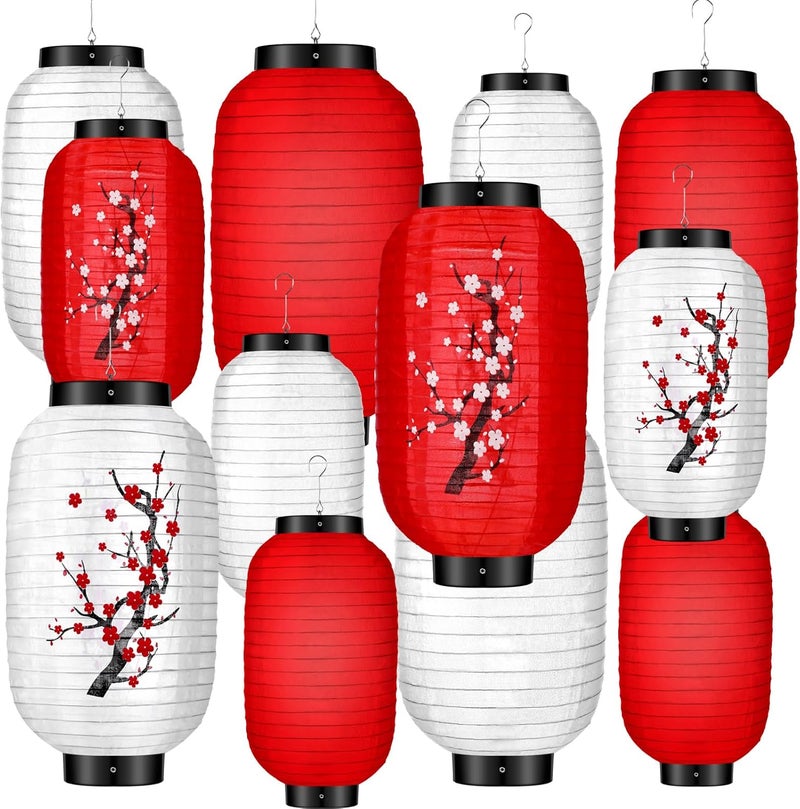 Riakrum 12 Pcs Traditional Japanese Style Hanging Lantern Plum Blossom Paper White Red Japanese Lantern Decorations for Birthday Restaurant Wedding Party Festival Decorations - Image 1