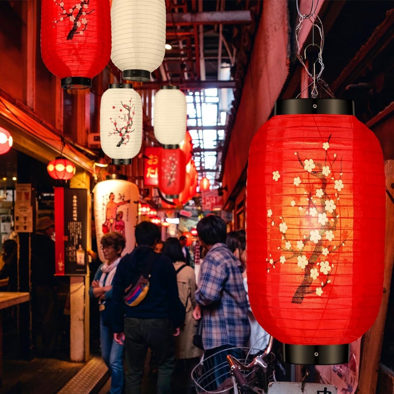 Riakrum 12 Pcs Traditional Japanese Style Hanging Lantern Plum Blossom Paper White Red Japanese Lantern Decorations for Birthday Restaurant Wedding Party Festival Decorations - Image 5
