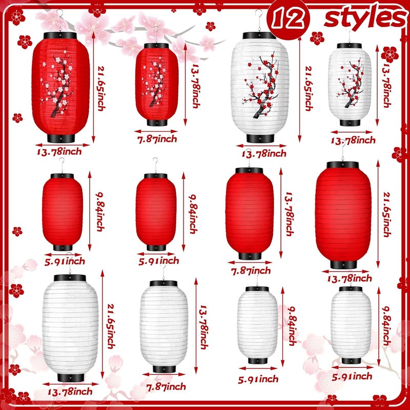 Riakrum 12 Pcs Traditional Japanese Style Hanging Lantern Plum Blossom Paper White Red Japanese Lantern Decorations for Birthday Restaurant Wedding Party Festival Decorations - Image 4