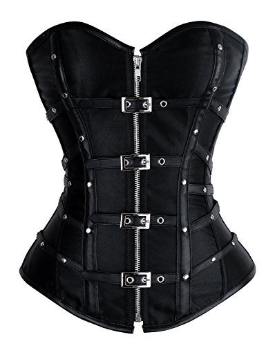 Charmian Women's Gothic Punk Satin Boned Zipper Overbust Corset Top with Buckles Black X-Large - Image 1