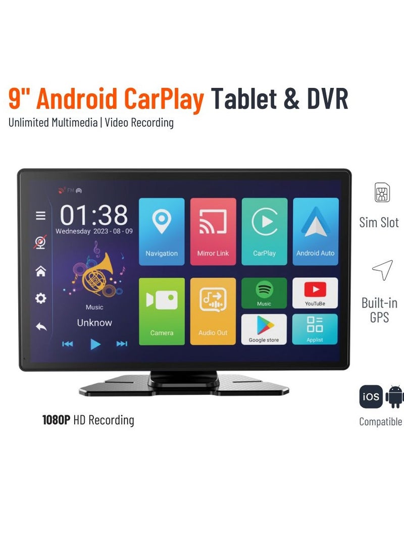porodo 9" Android Car Play Tablet Screen & Unlimited Multimedia & Video Recording / Android 10 Operating System / Airplay & Android Cast Mirroring / 4GB + 64GB Memory / 4GB RAM + 64GB Memory - Black - Image 1