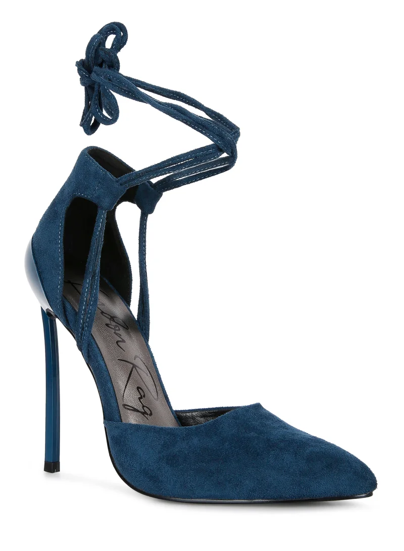 London Rag Lace Up Stiletto Heel Suede Sandals in Dark Blue