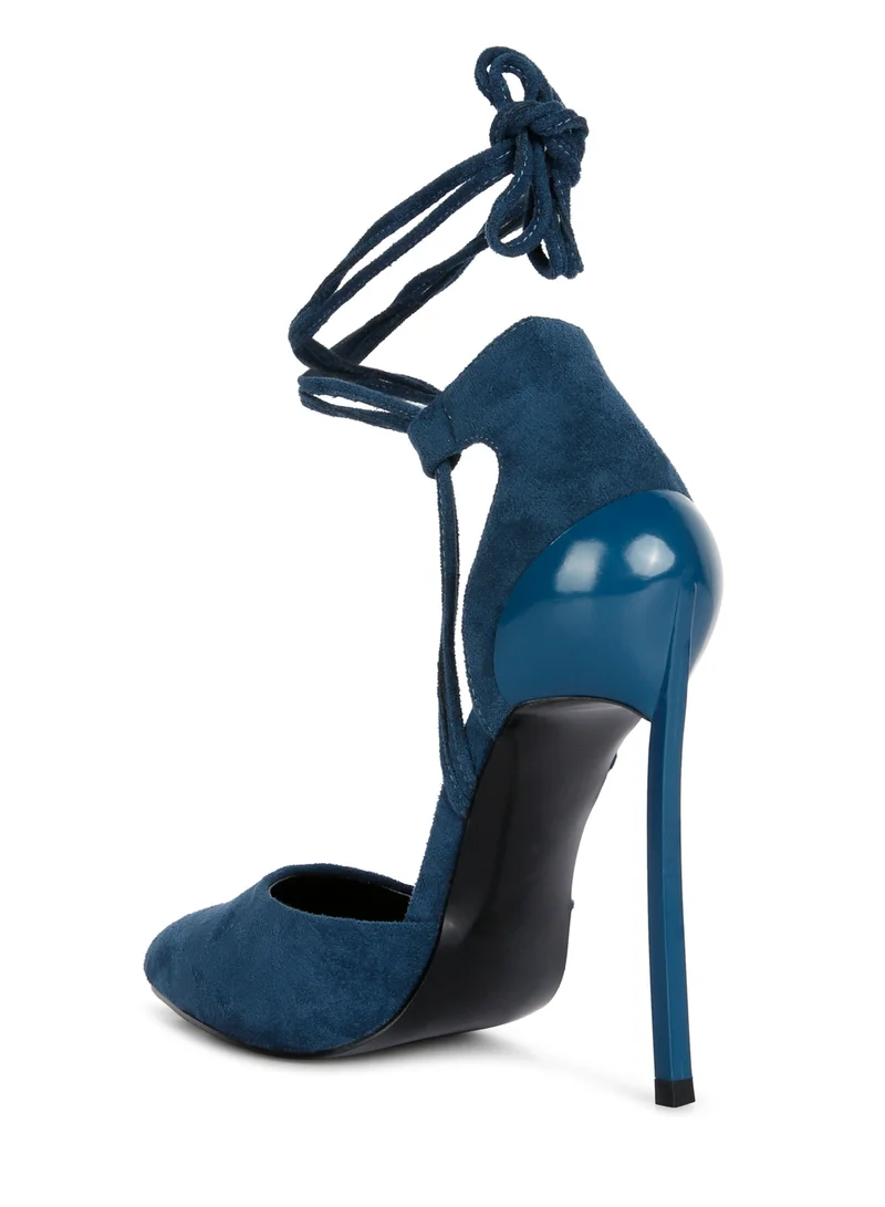 London Rag Lace Up Stiletto Heel Suede Sandals in Dark Blue