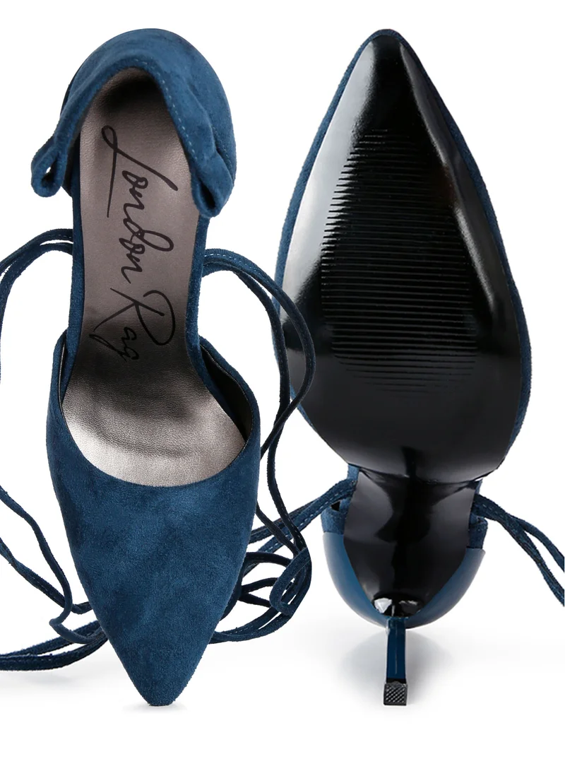 London Rag Lace Up Stiletto Heel Suede Sandals in Dark Blue