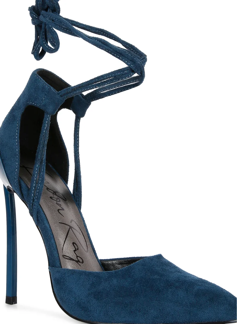 London Rag Lace Up Stiletto Heel Suede Sandals in Dark Blue