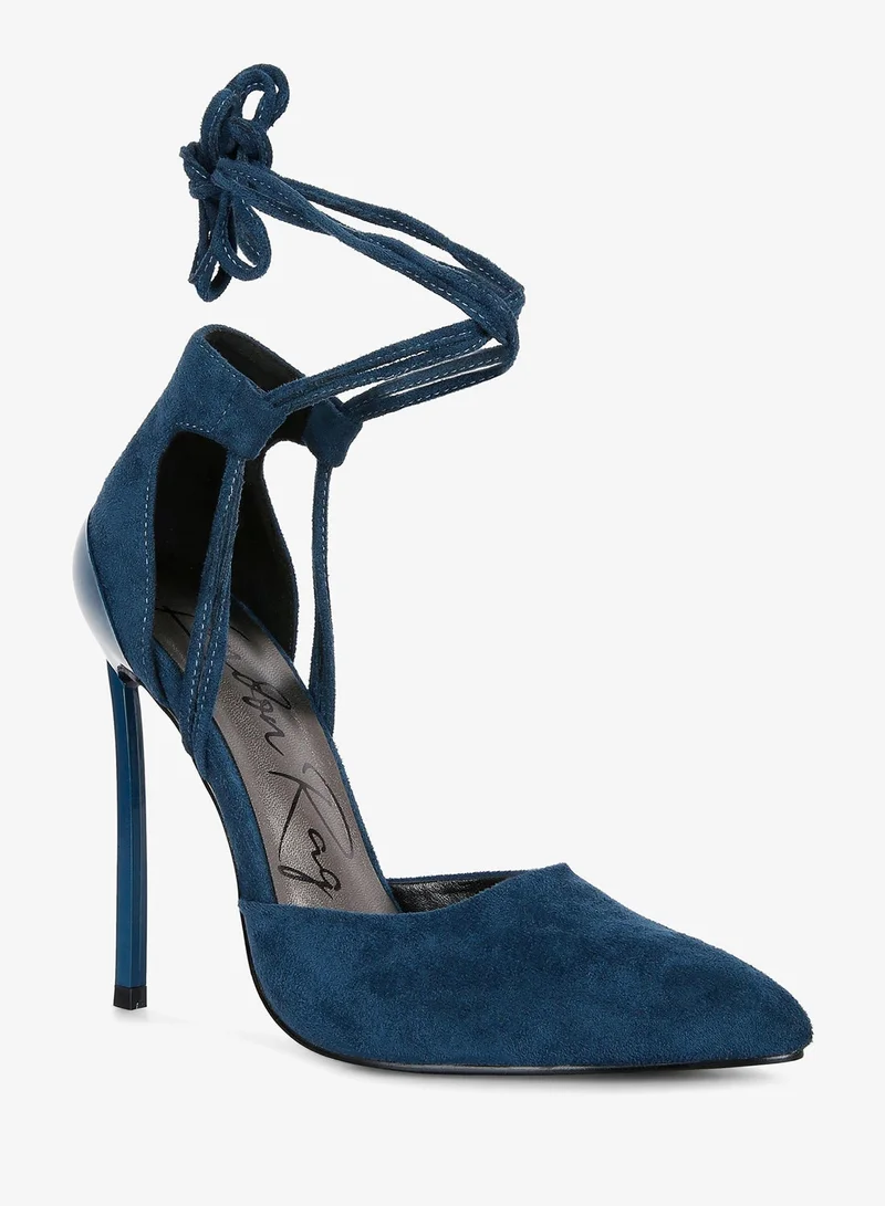 Lace Up Stiletto Heel Suede Sandals in Dark Blue