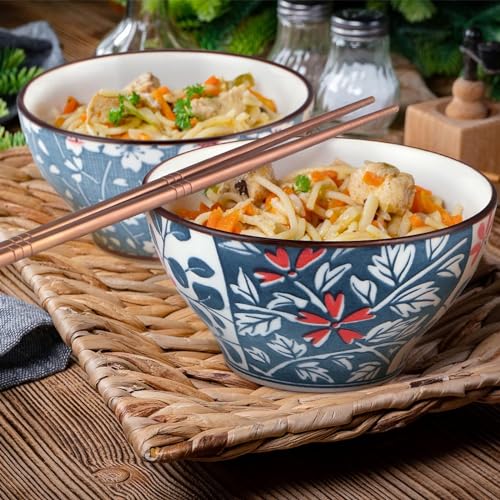KitchEase Japanese Ceramic Bowls Set of 2 – 300ml Each | Ramen, Soup & Dessert Bowls with Floral Design – Microwave & Dishwasher Safe - Image 3