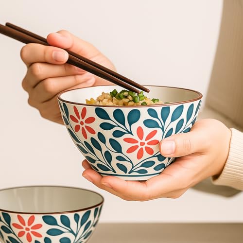 KitchEase Japanese Ceramic Bowls Set of 2 – 300ml Each | Ramen, Soup & Dessert Bowls with Floral Design – Microwave & Dishwasher Safe - Image 4