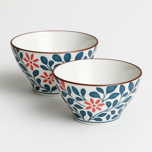 KitchEase Japanese Ceramic Bowls Set of 2 – 300ml Each | Ramen, Soup & Dessert Bowls with Floral Design – Microwave & Dishwasher Safe - Image 1
