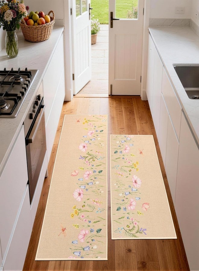 PCSWEET HOME مجموعة سجاد مطبخ ربيعي صيفي من PCSWEET HOME، مكونة من 3 قطع، بتصميم اليعسوب والفراشات، مناسبة للأرضيات، مانعة للانزلاق، ذات وبر منخفض، قابلة للغسل، مقاسات 17×29+17×47+17×59 - Image 2