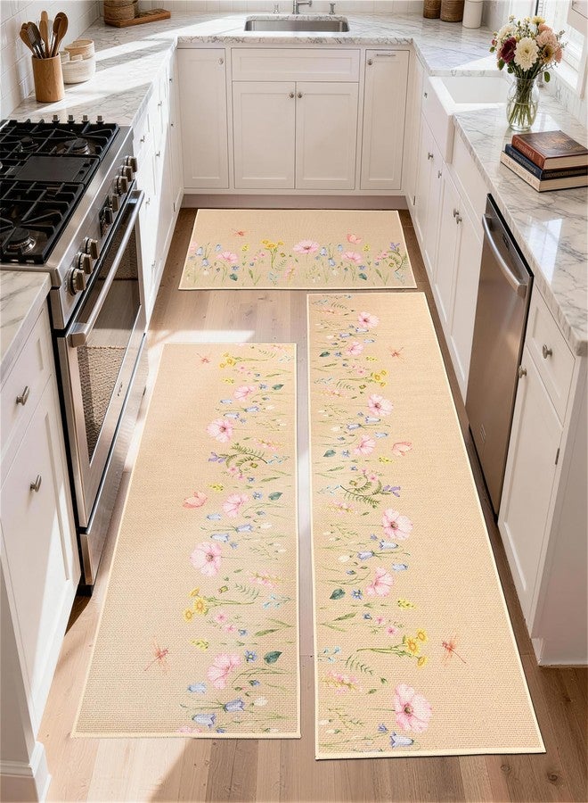 PCSWEET HOME مجموعة سجاد مطبخ ربيعي صيفي من PCSWEET HOME، مكونة من 3 قطع، بتصميم اليعسوب والفراشات، مناسبة للأرضيات، مانعة للانزلاق، ذات وبر منخفض، قابلة للغسل، مقاسات 17×29+17×47+17×59 - Image 1