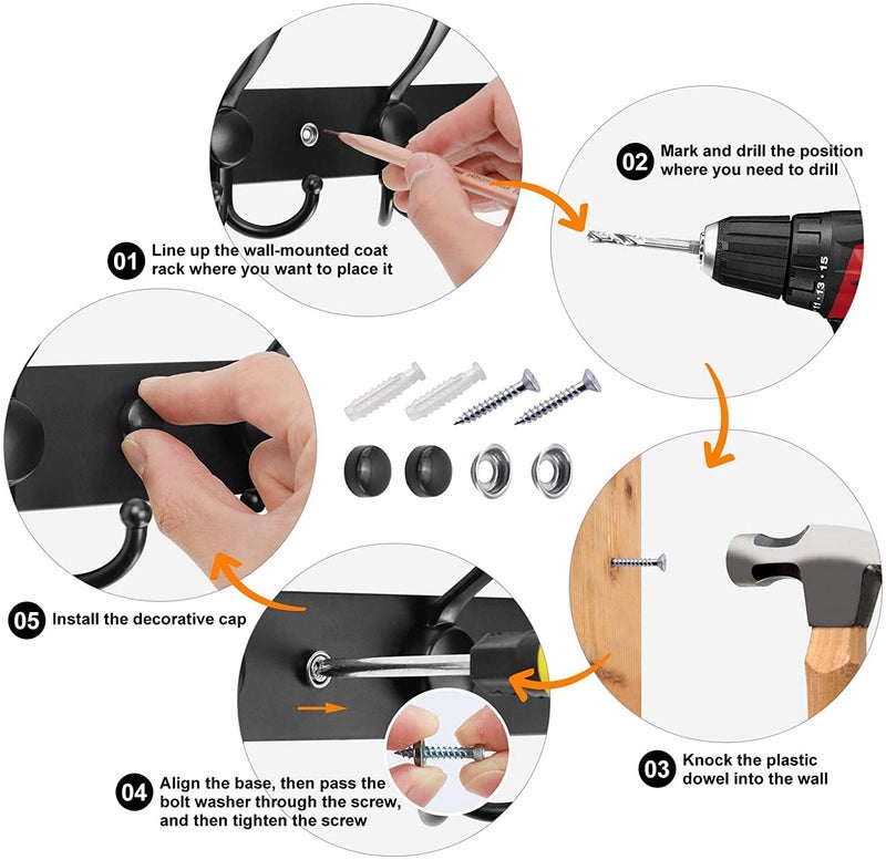 Rasdion 15 Pin Bathroom Cloth Hooks Hanger, Wall Bedroom Bathroom Robe Hooks Rail for Hanging Keys,Clothes,Towel Steel Hook, Hook Rail (Pack of 1, Black) - Image 4