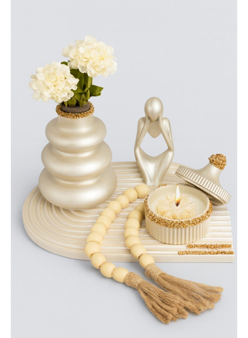 طقم ديكور منزلي من الماربيل شامبين يدوي - كوستر قوس قزح 31×22 - مزهرية دونات 14 سم - شمعة عطرية قهوة وفانيليا في بونبونيره كونكريت 65غ - تمثال المفكر 12.5 سم - سبحة 33 - ورود صناعية - هدية فاخرة للطاولة والاستقبال - Image 1