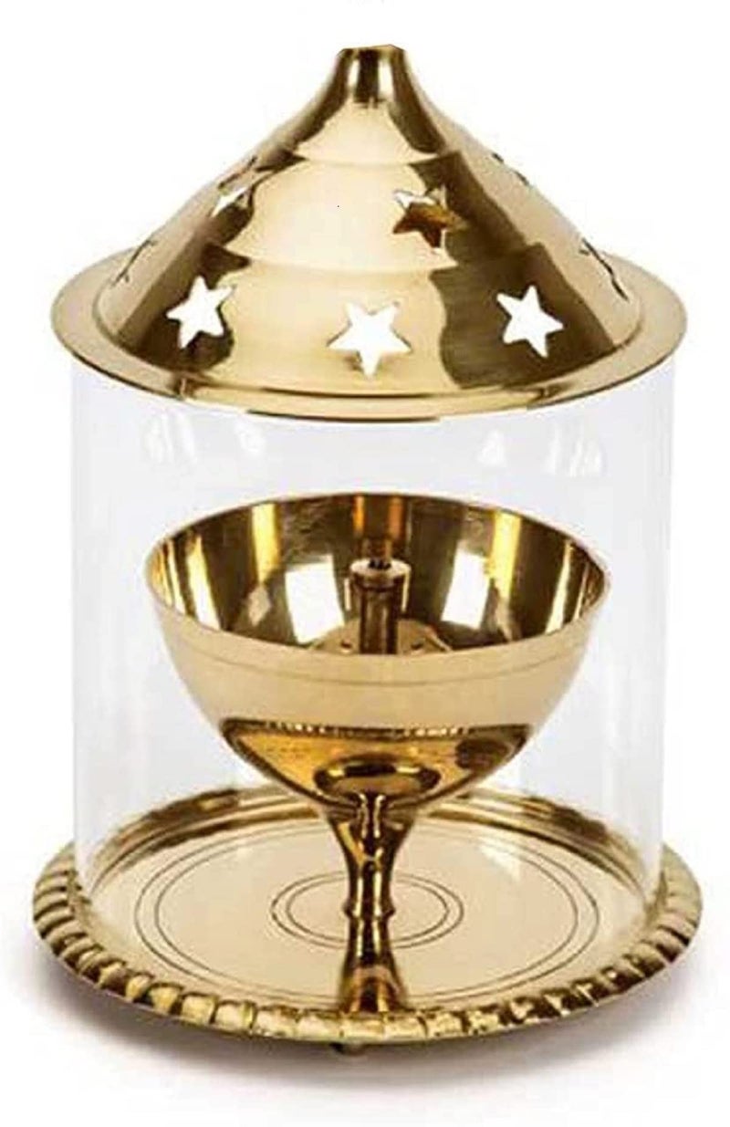 A & S VENTURES Brass Akhand Diya with Borosilicate Glass for Puja Home Temple Oil Lamp Tea Holder (Gold_3.1 Inch X 3.1 Inch X 4.7 Inch|| (AMB-15) - Image 5