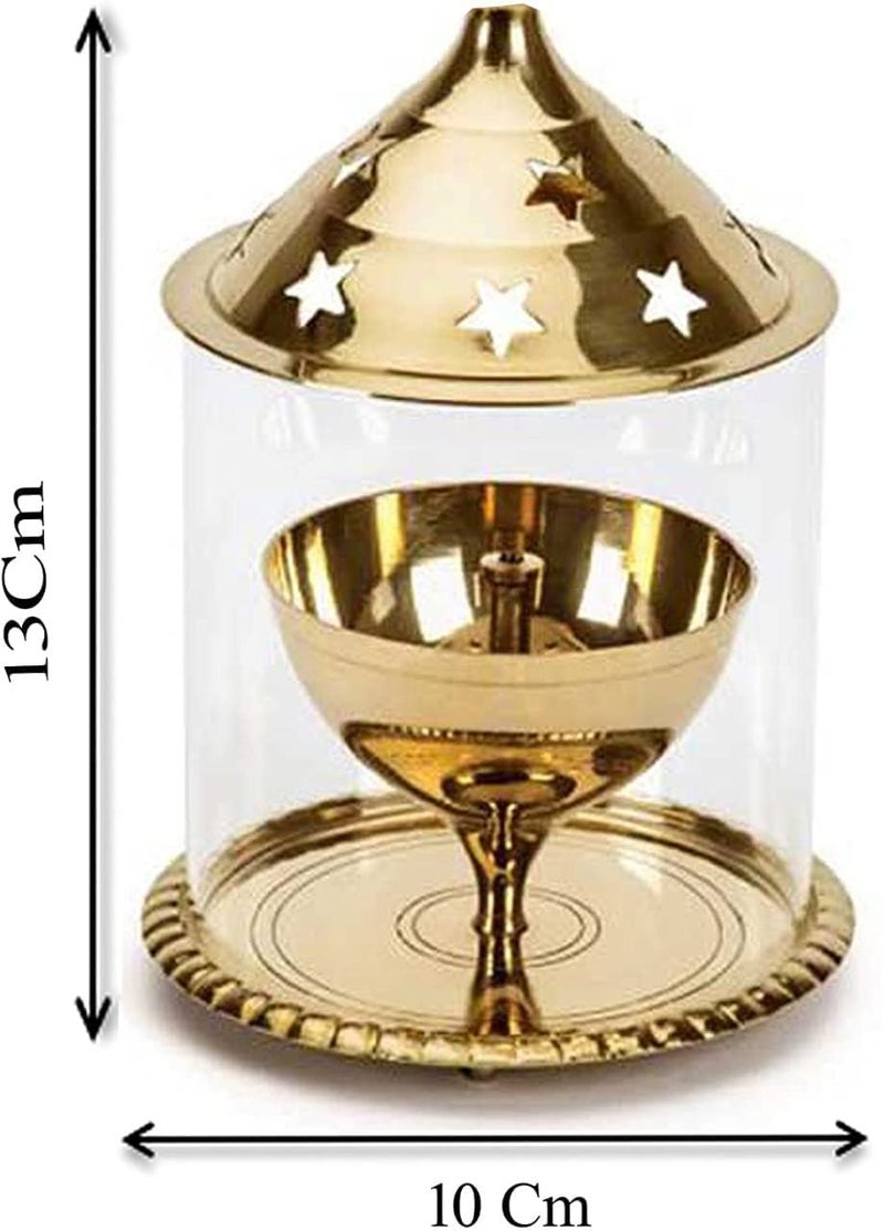 A & S VENTURES Brass Akhand Diya with Borosilicate Glass for Puja Home Temple Oil Lamp Tea Holder (Gold_3.1 Inch X 3.1 Inch X 4.7 Inch|| (AMB-15) - Image 4
