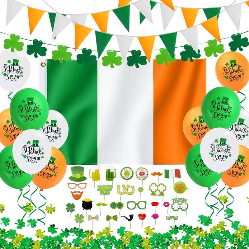 iZoeL St Patricks Day Decorations St Patricks Day Accessories Irish Flag Bunting St Patricks Day Balloons Photo Booth Props Shamrocks Confetti for Home Bar Irish Paddys Day Outside Party Decoration