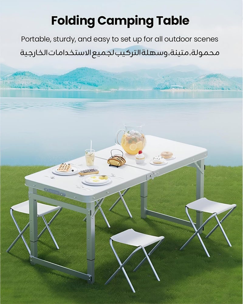 EDUTREE Folding Camping Table – Portable Lightweight Aluminum Picnic Table with Adjustable Height, Foldable Design & Carry Handle, Ideal for Outdoor Camping, Beach, Party & Travel (White) - Image 4