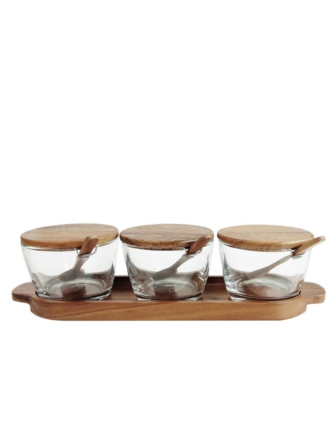 Billi 3-Pieces Condiment Set with Wood Tray Lid and Spoon - Image 1