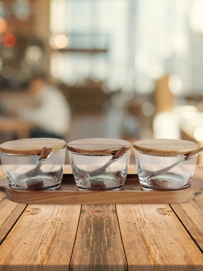 Billi 3-Pieces Condiment Set with Wood Tray Lid and Spoon - Image 2