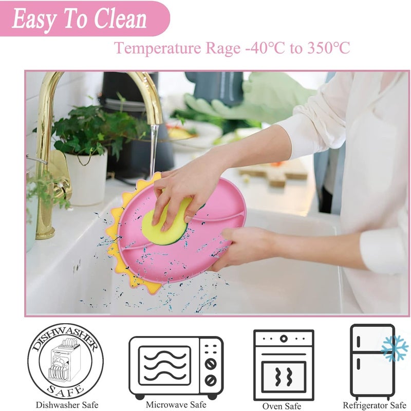 NICINGU Silicone Suction Plates for Baby Toddler with Spoon Fork set Divided Dinosaurs Plates Self Feeding Training Baby Dinner Plate-Pink Dinosaurs Plate Set - Image 4