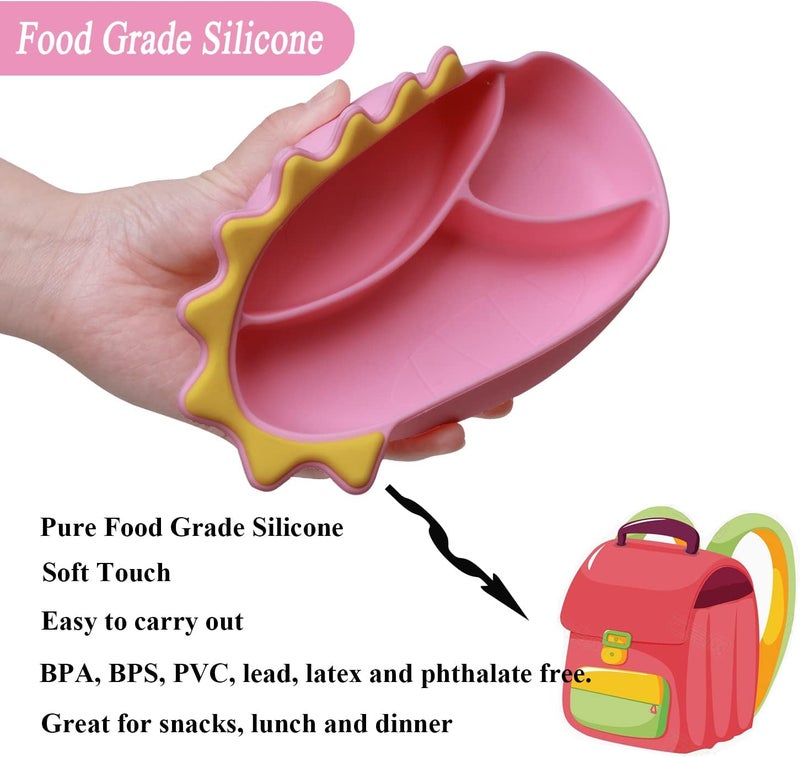 NICINGU Silicone Suction Plates for Baby Toddler with Spoon Fork set Divided Dinosaurs Plates Self Feeding Training Baby Dinner Plate-Pink Dinosaurs Plate Set - Image 5