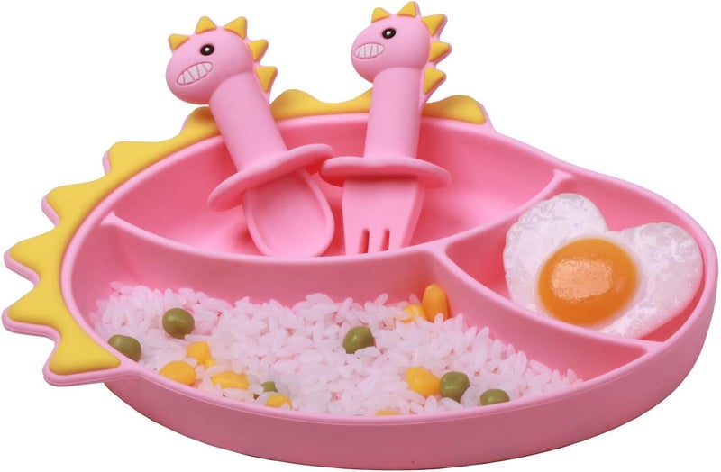 NICINGU Silicone Suction Plates for Baby Toddler with Spoon Fork set Divided Dinosaurs Plates Self Feeding Training Baby Dinner Plate-Pink Dinosaurs Plate Set - Image 1