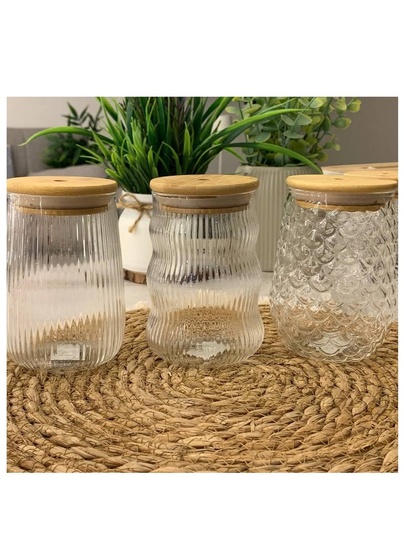 Glass cup 350 ml  with bamboo lids and straw for juice, iced coffee, and cocktails