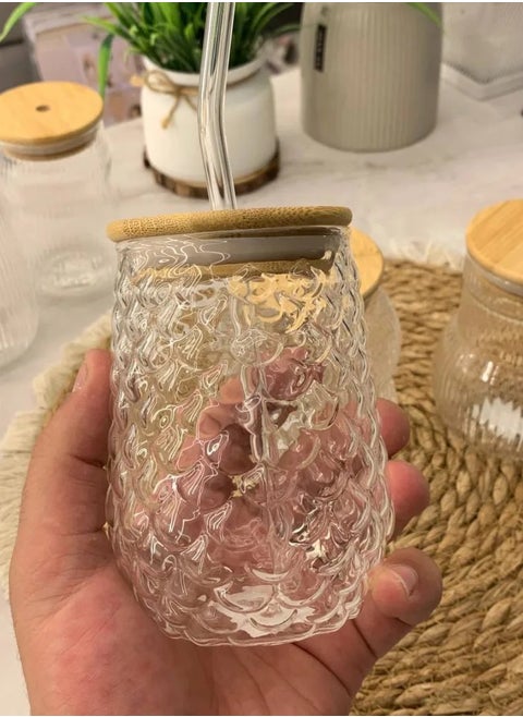 Glass cup 350 ml  with bamboo lids and straw for juice, iced coffee, and cocktails