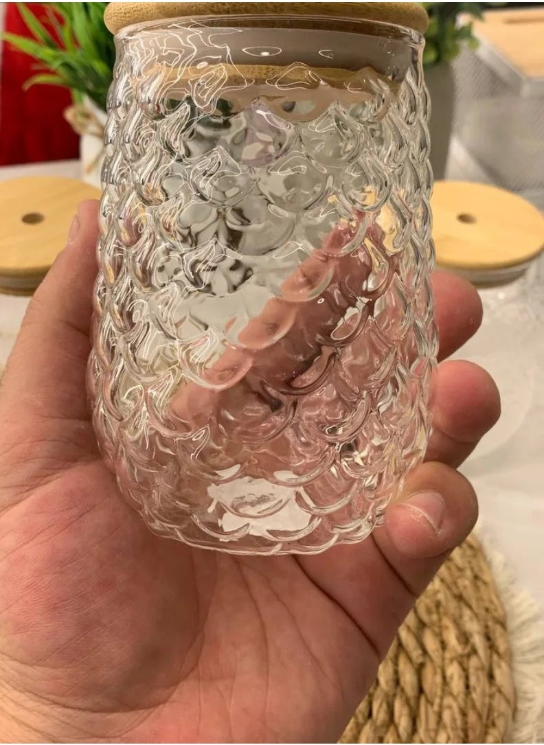 Glass cup 350 ml  with bamboo lids and straw for juice, iced coffee, and cocktails